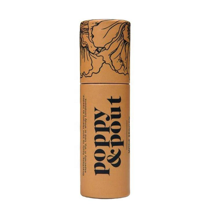 A tall cylindrical paper tube in brown with a botanical line art design wrapping around the top, showcasing an earthy and organic aesthetic against a plain background.